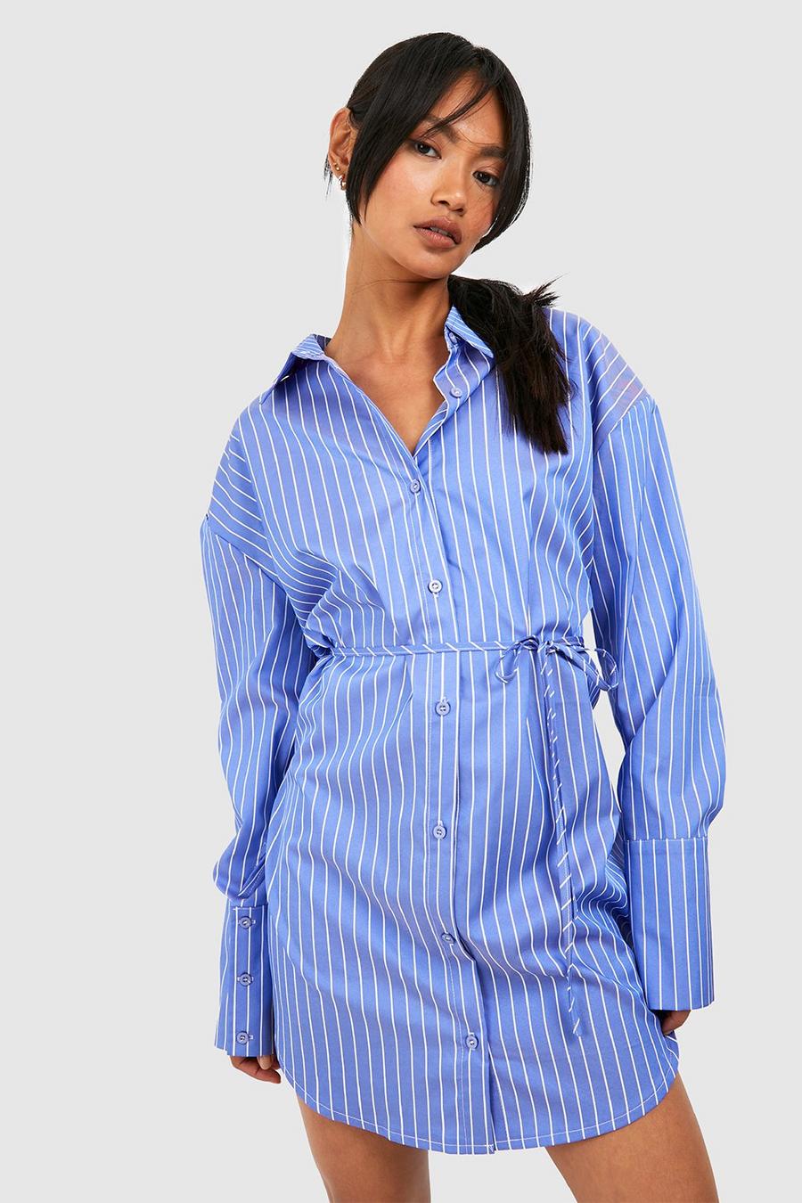 Blue Stripe Cinched Waist Shirt Dress