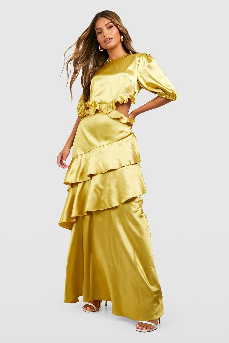Chartreuse Satin Ruffle Cut Out Maxi image number 1