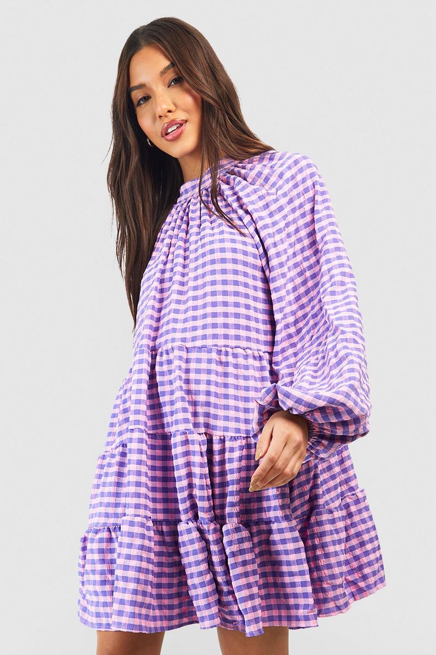 Robe babydoll texturée à carreaux, Purple