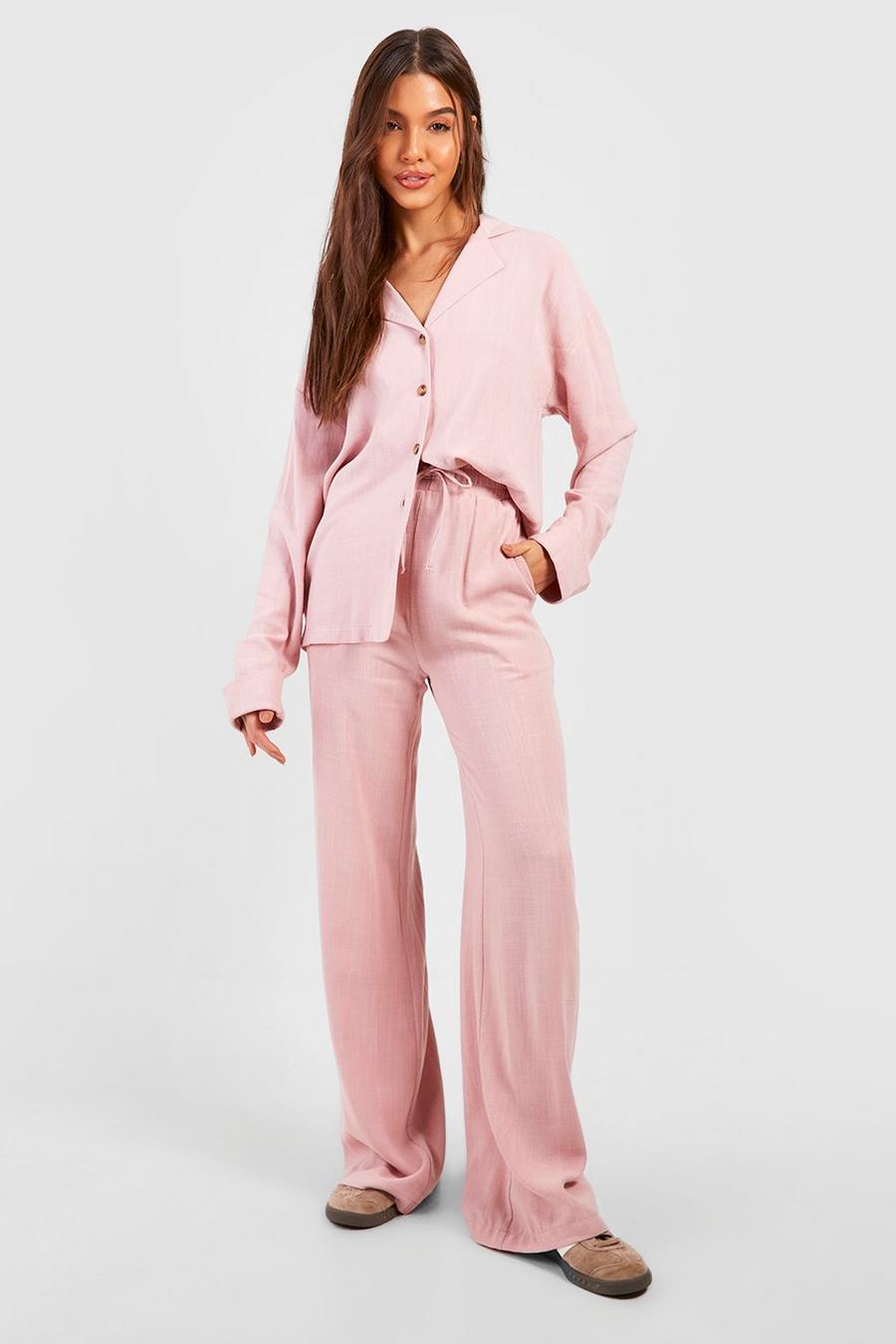 Soft pink Linen Mix Relaxed Fit Wide Leg Trousers