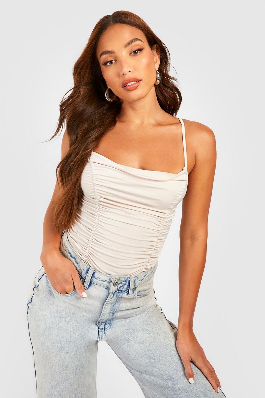 Stone Tall Ruched Strappy Slinky Bodysuit