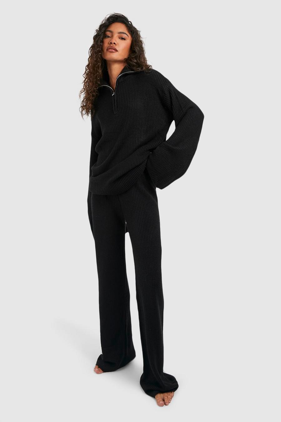 Black Tall Knitted Zip Funnel Neck Wide Leg Lounge Set image number 1