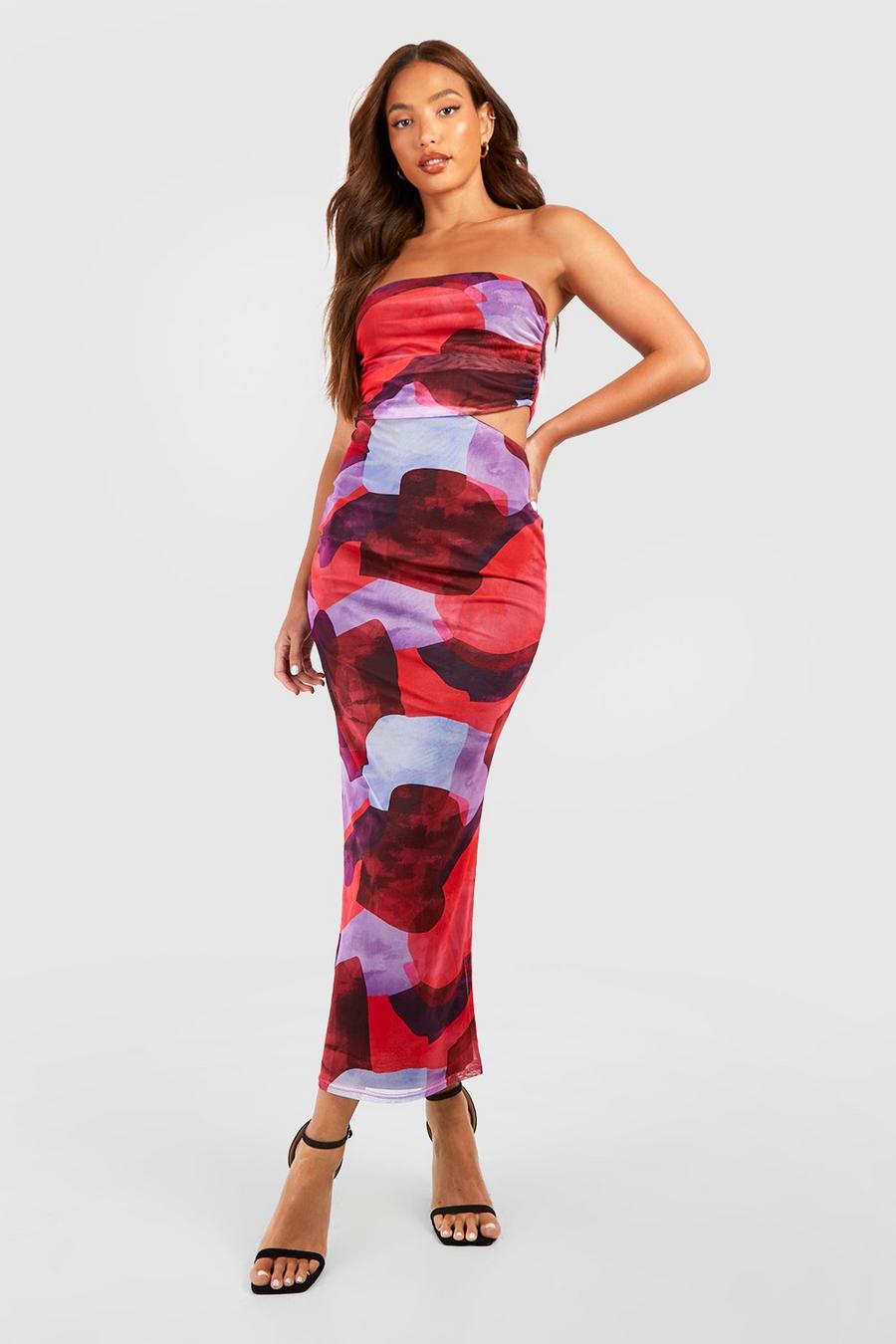 Multi Tall Abstract Cut Out Gathered Midi Dress