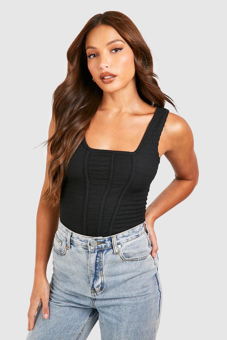 Black Tall Corset Crinkle Square Neck Top
