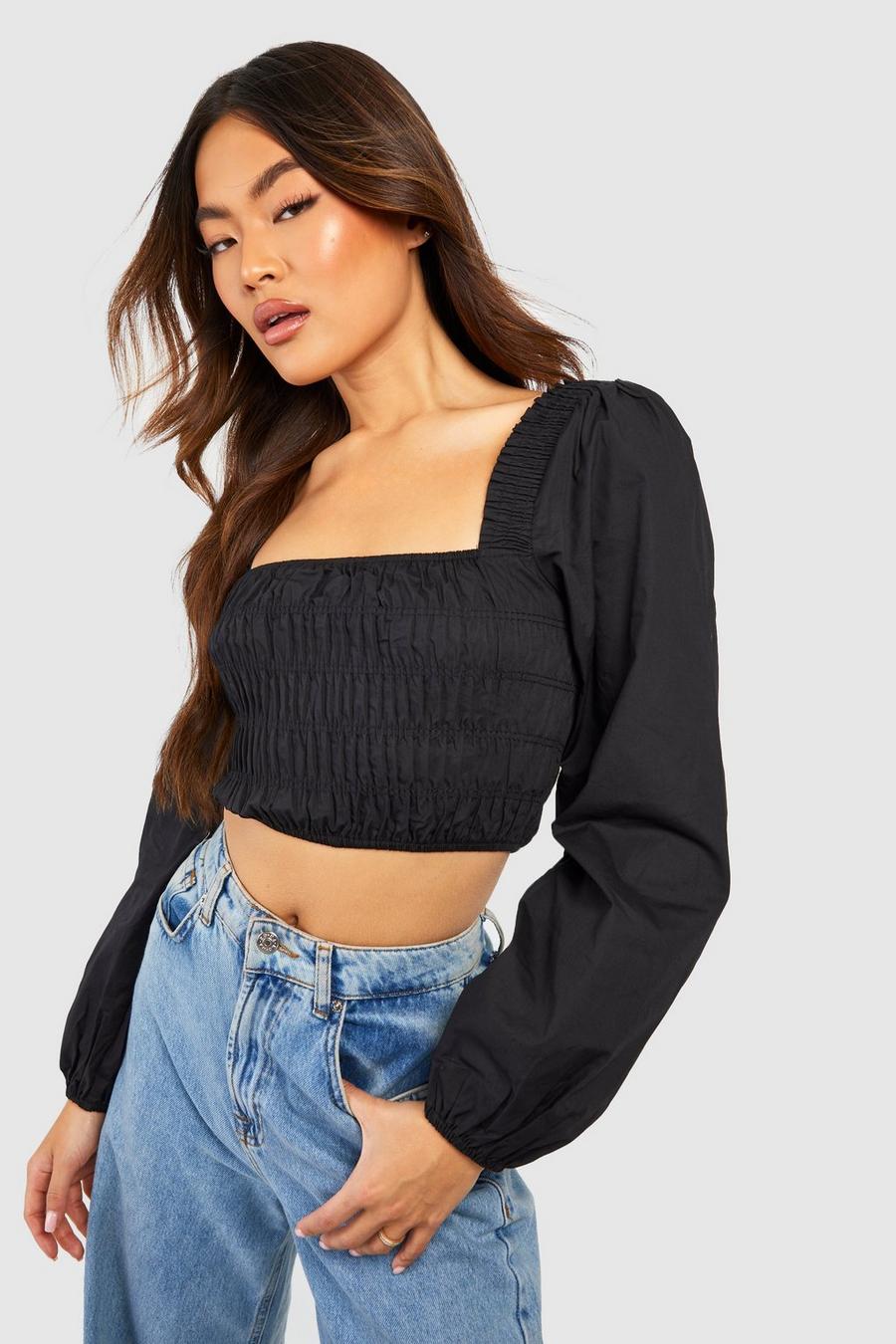 Black Woven Ruched Balloon Sleeve Crop Top