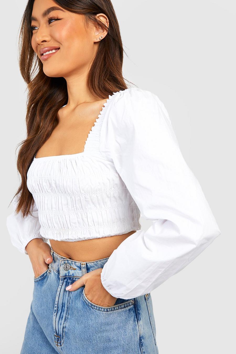 White Woven Ruched Balloon Sleeve Crop Top