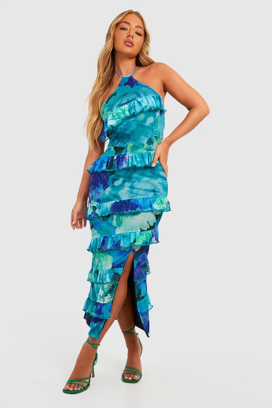 Blue Floral Halter Ruffle Midi Dress