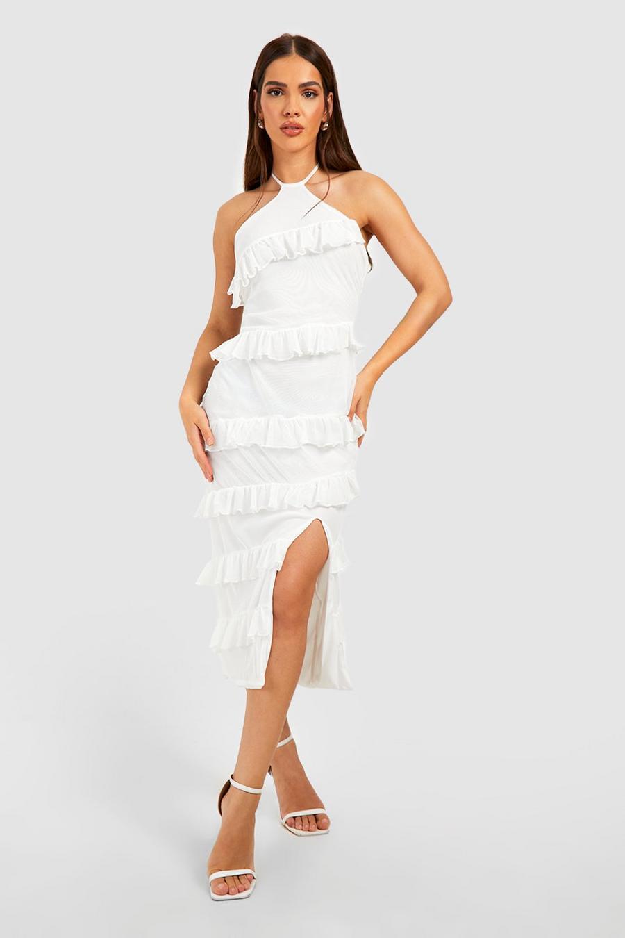 White Halterneck Ruffle Midaxi Dress