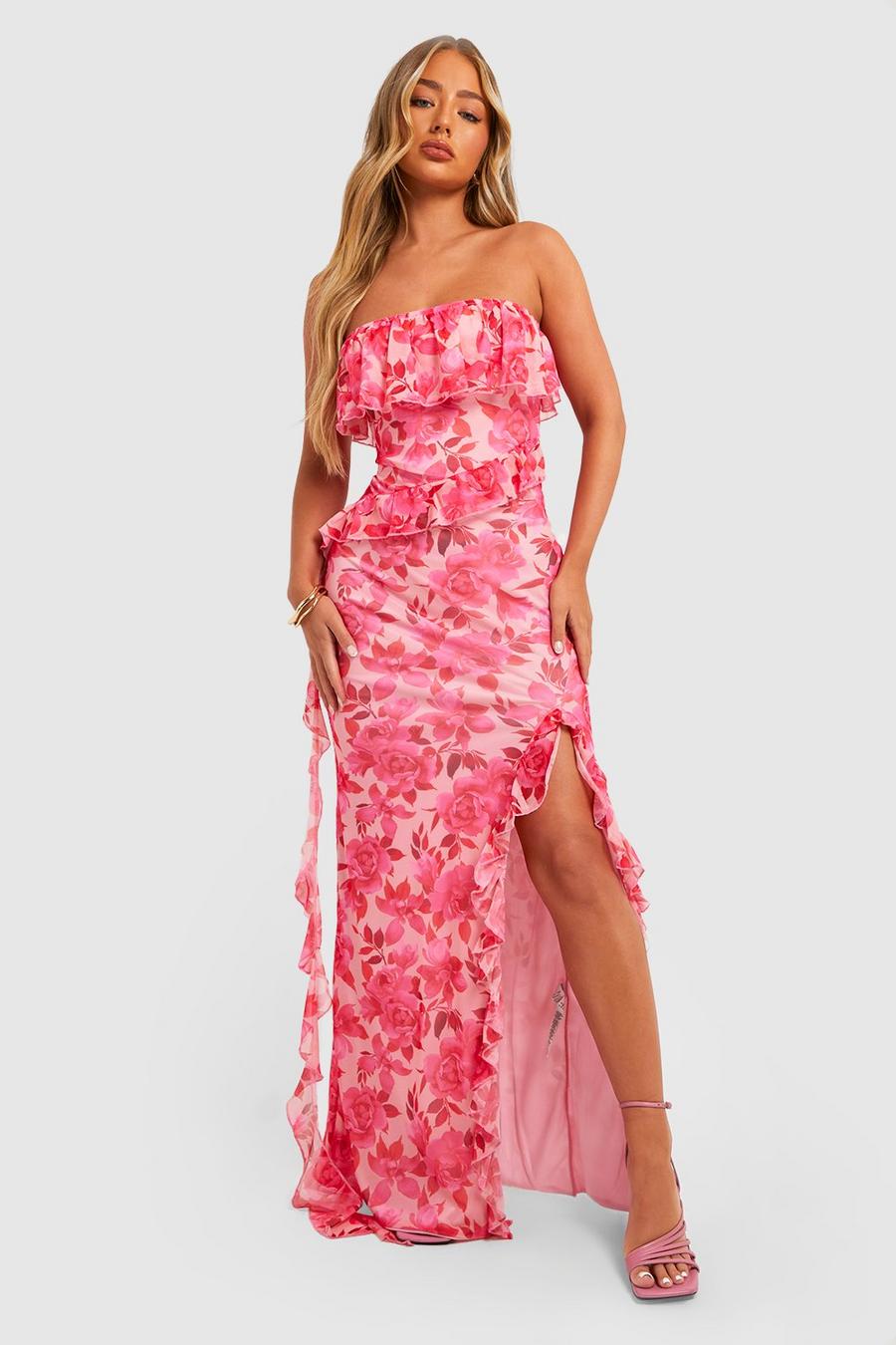 Pink Floral Ruffle Bandeau Maxi Dress