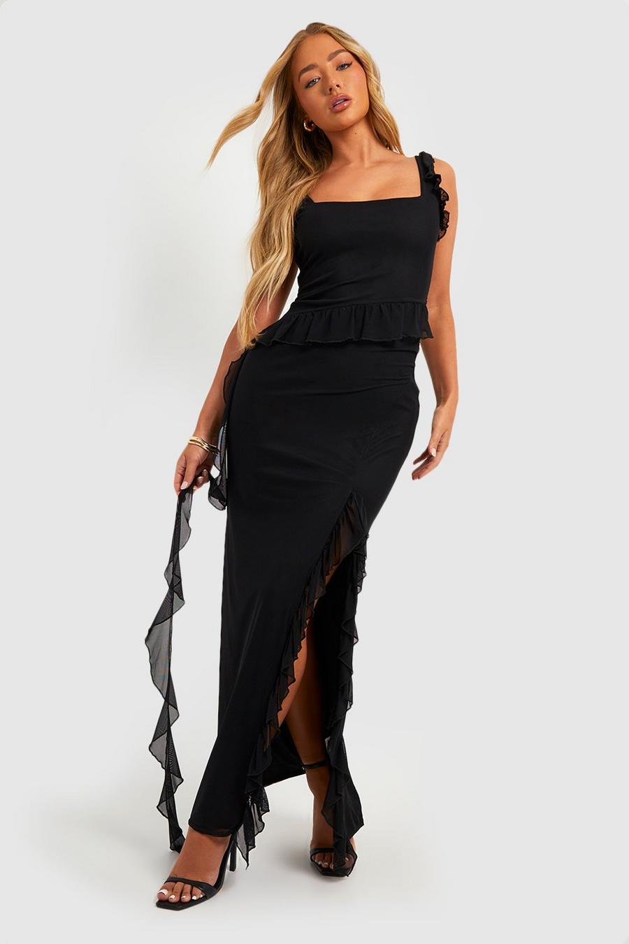 Black Strappy Ruffle Split Maxi Dress image number 1