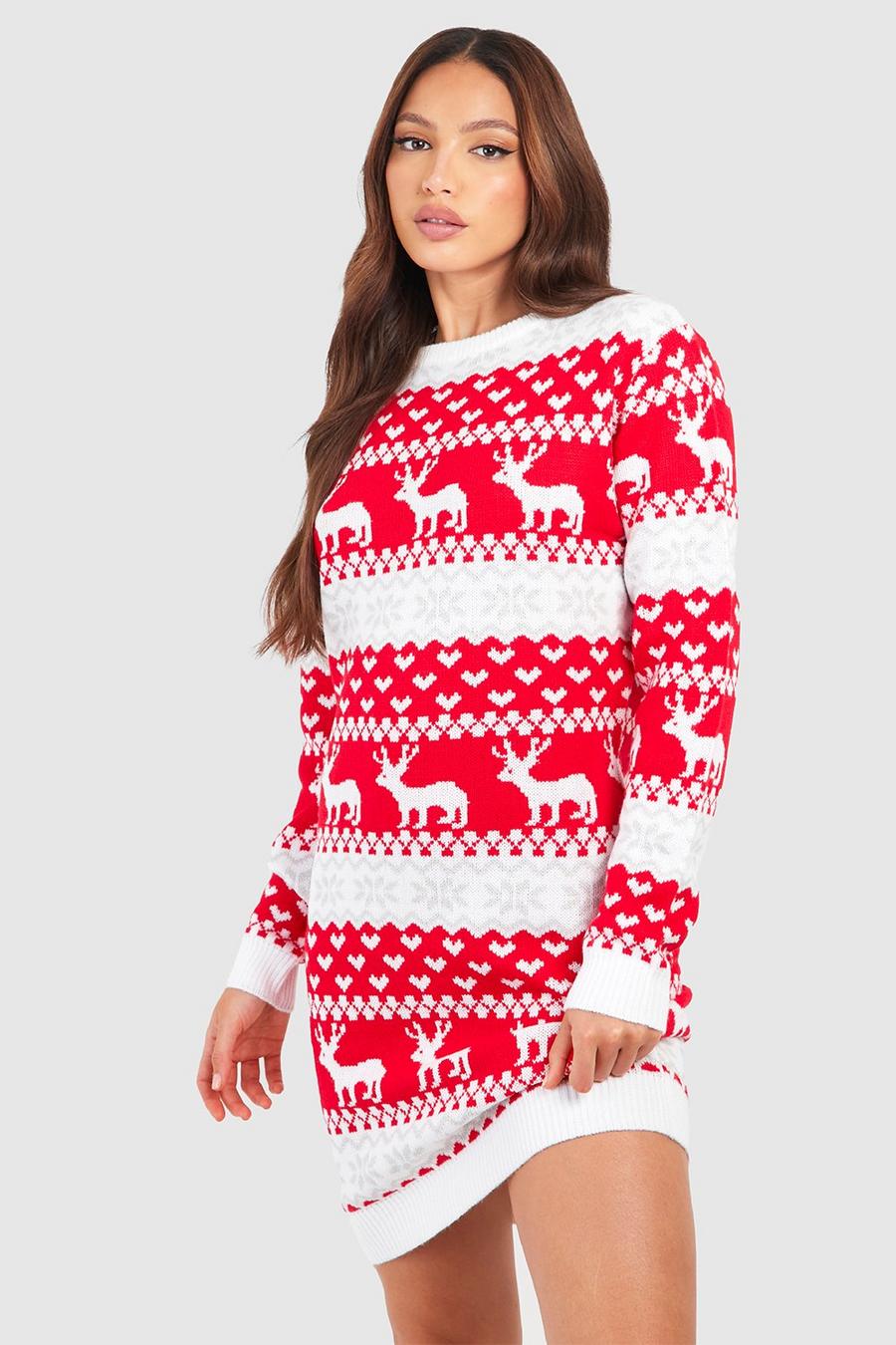 Red Tall Hearts And Reindeer Fairisle Christmas Jumper Dress