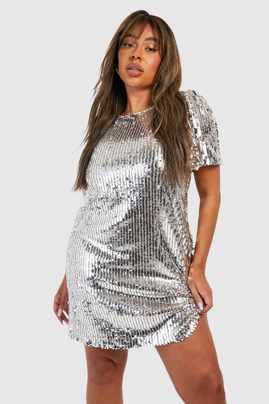 Silver Plus Rak klänning med paljetter och puffärm