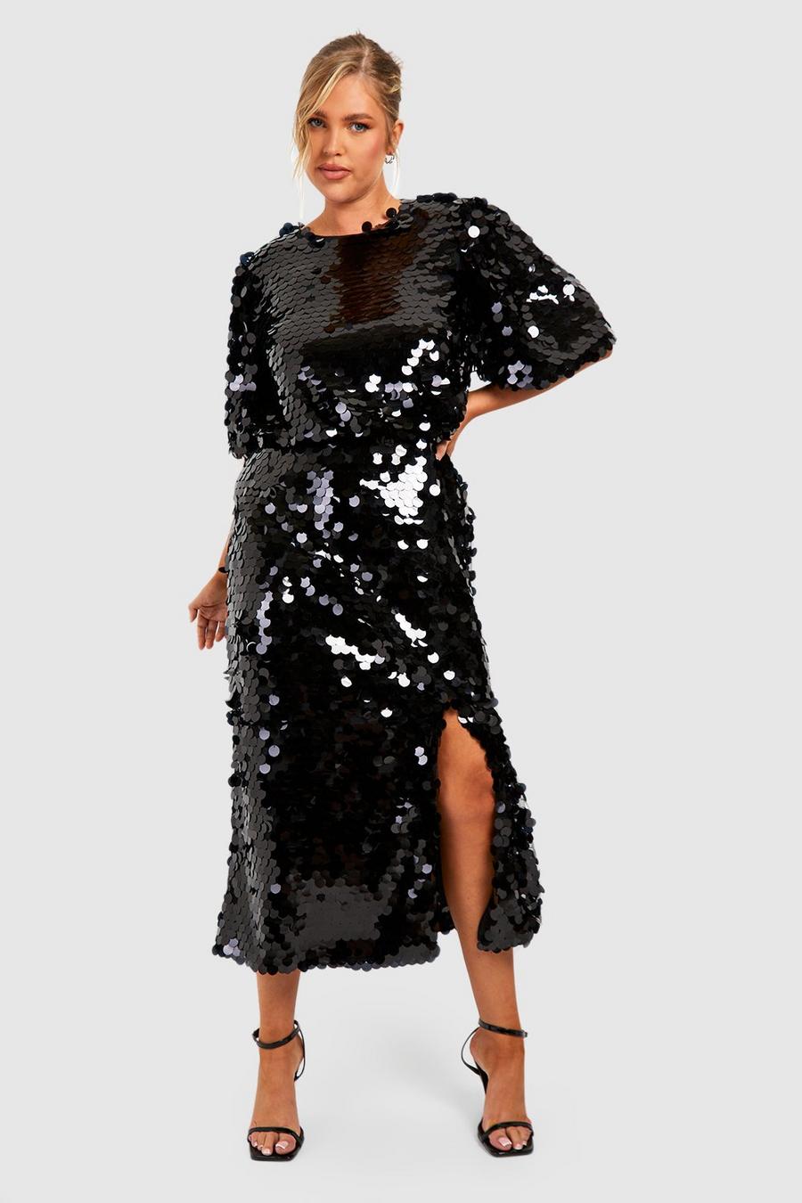 Black Plus Disc Sequin Blouson Midi Dress 