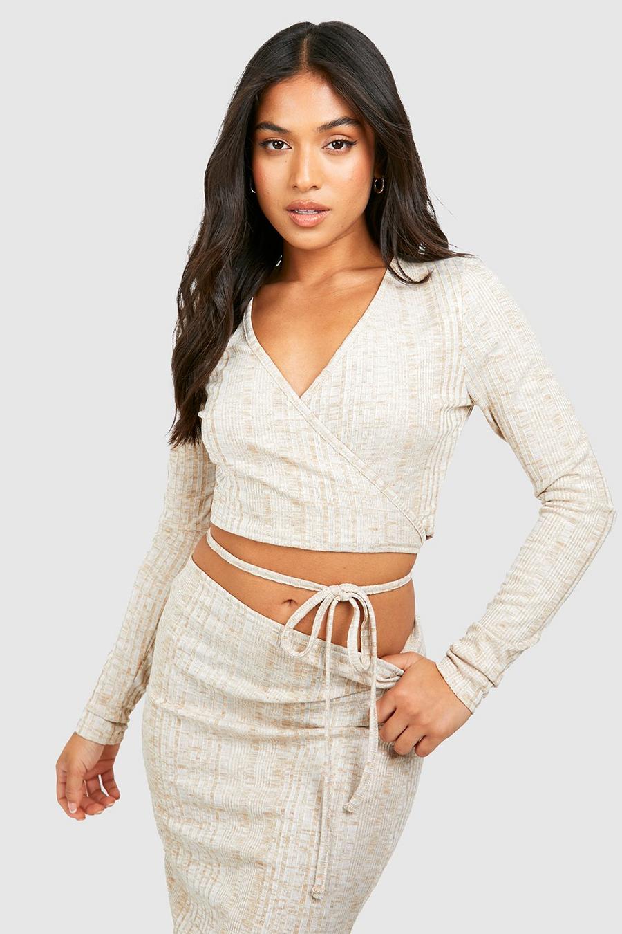 Cream Petite Knitted Wrap Top 