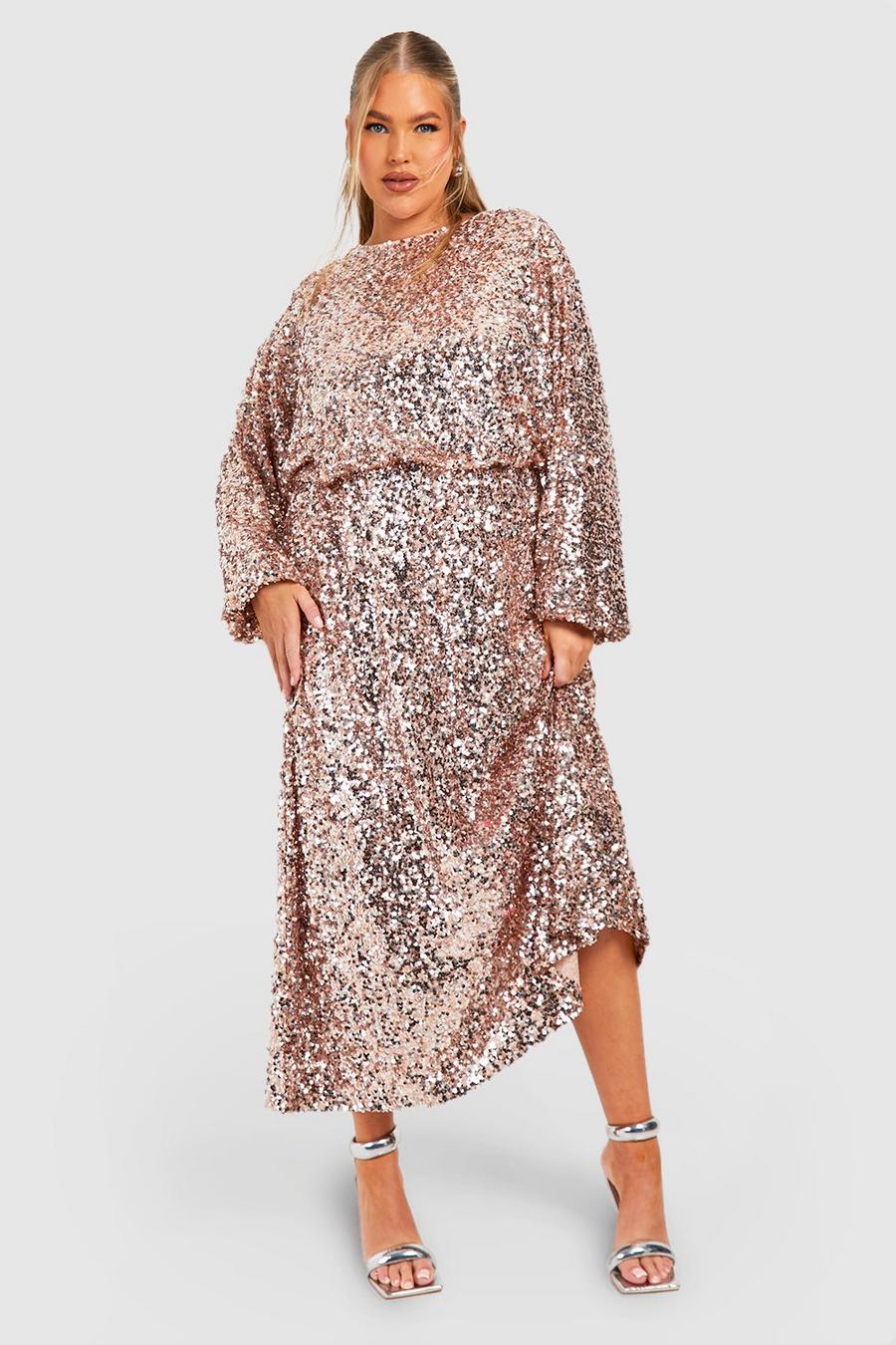 Rose Plus Sequin Puff Sleeve Midi Dress