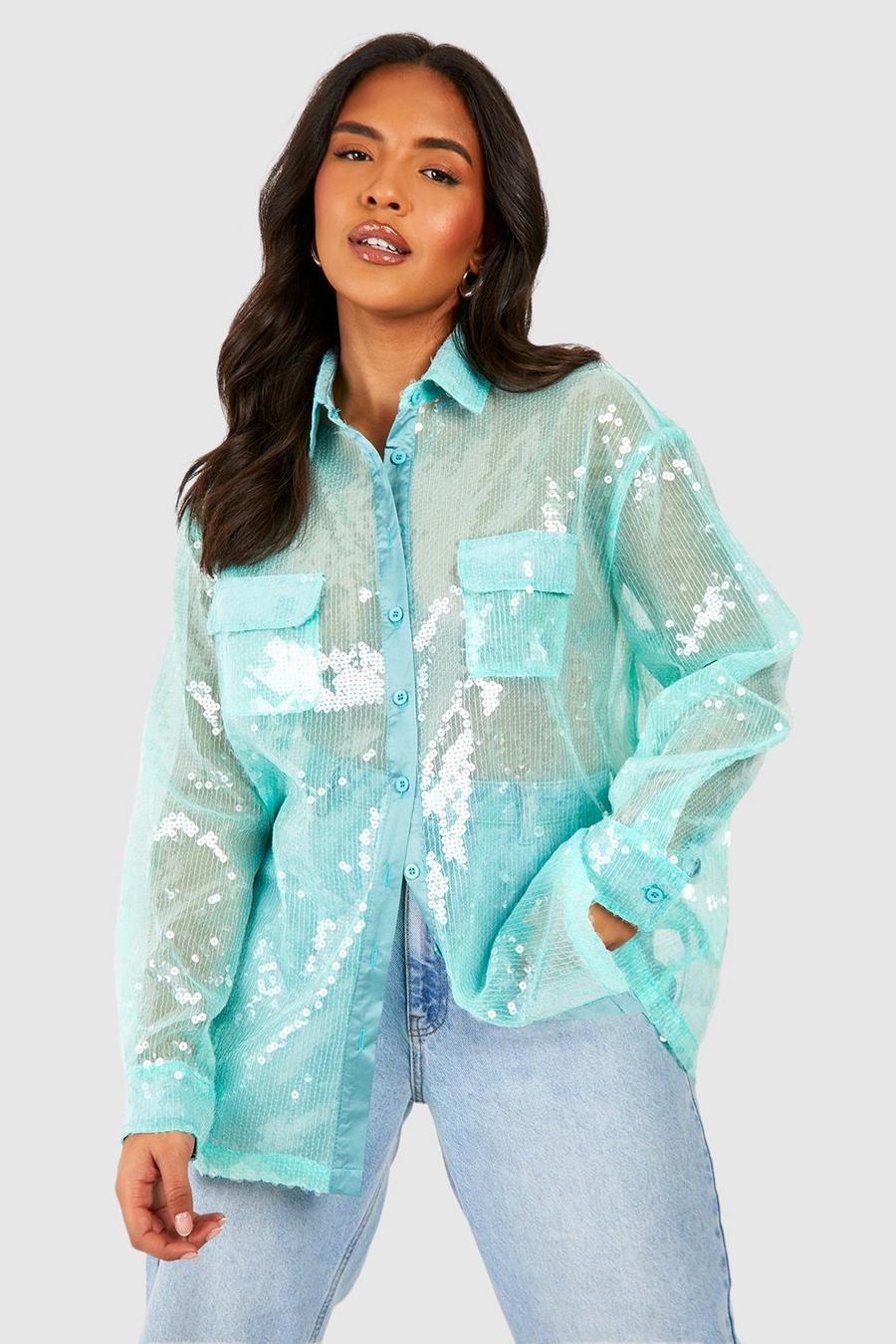 Top a camicia Plus Size con paillettes iridescenti, Sage