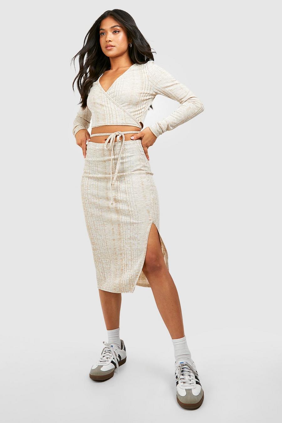 Cream Petite Knitted Midi Skirt 