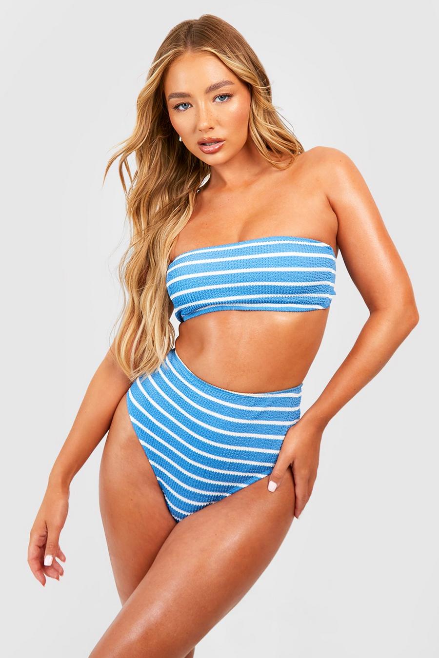 Top bikini a fascia a righe effetto goffrato, Blue
