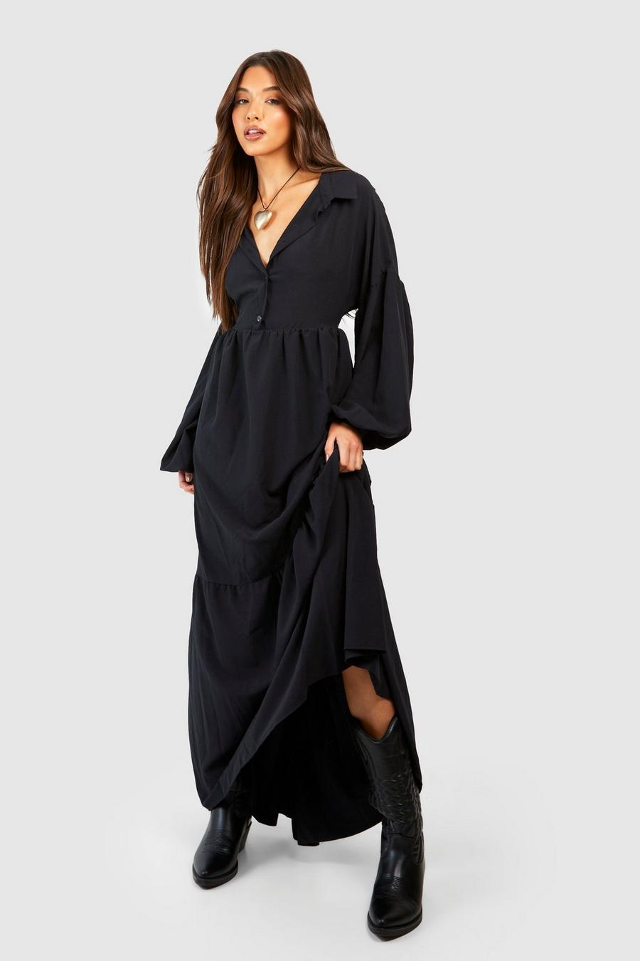 Black Oversized Tiered Maxi Shirt Dress