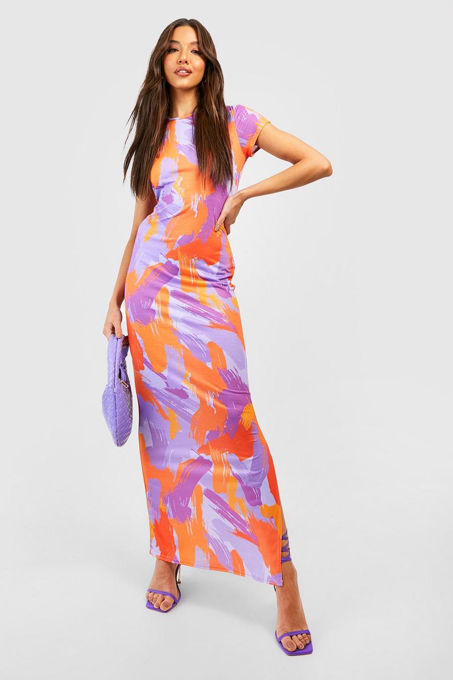 Purple Abstract Cap Sleeve Maxi Dress