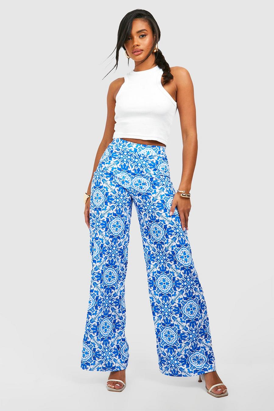 Blue Tile Printed Wide Leg Trousers