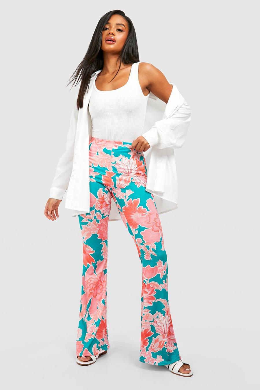 Green Floral Printed Flared Trousers image number 1