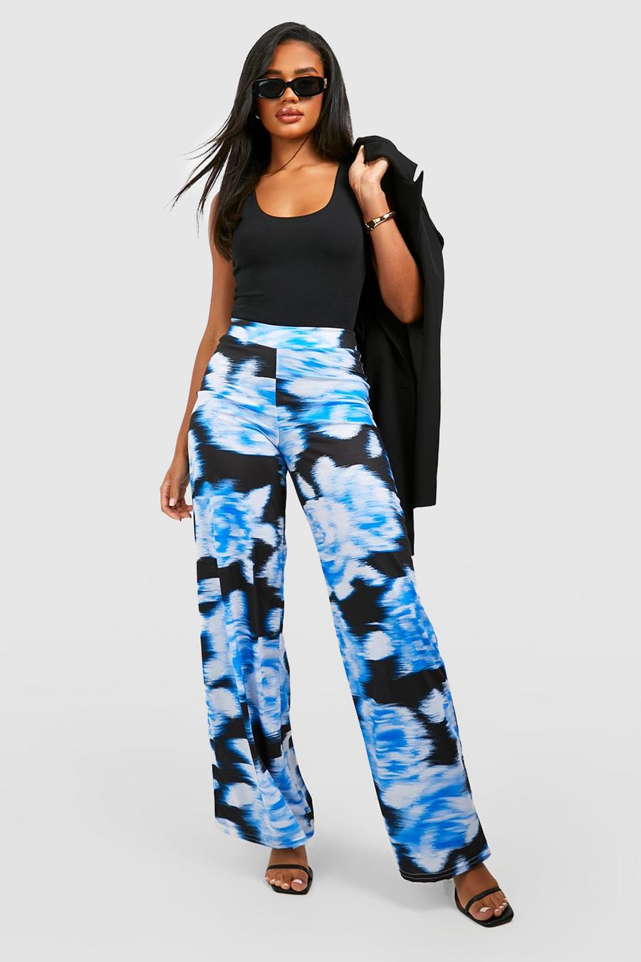 Blue Floral Printed Wide Leg Pants