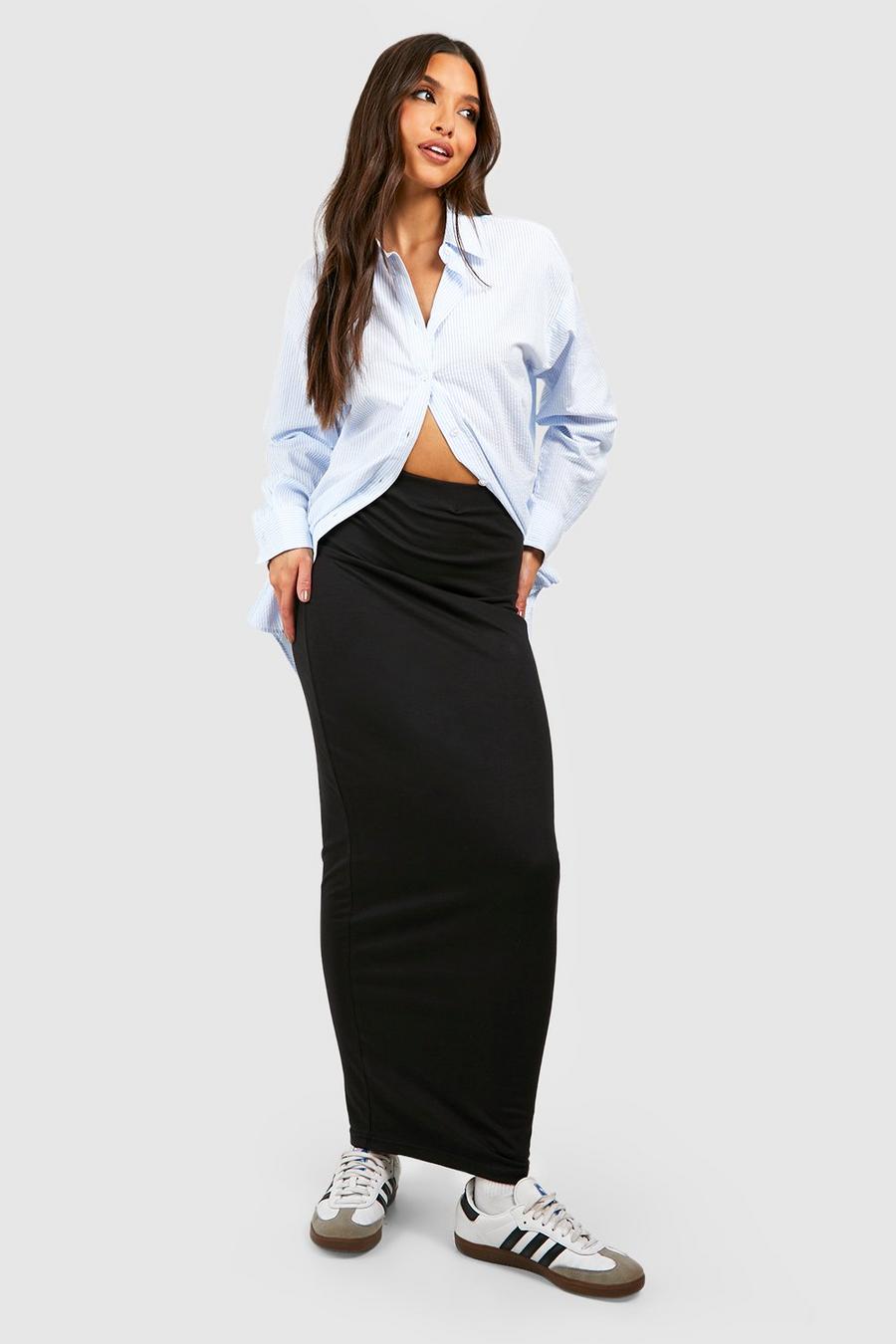 Black Cotton Jersey Knit High Waisted Slip Maxi Skirt