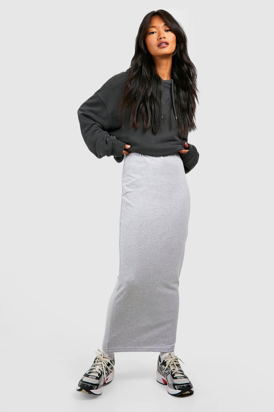 Jupe mi-longue taille haute en coton, Grey marl image number 1