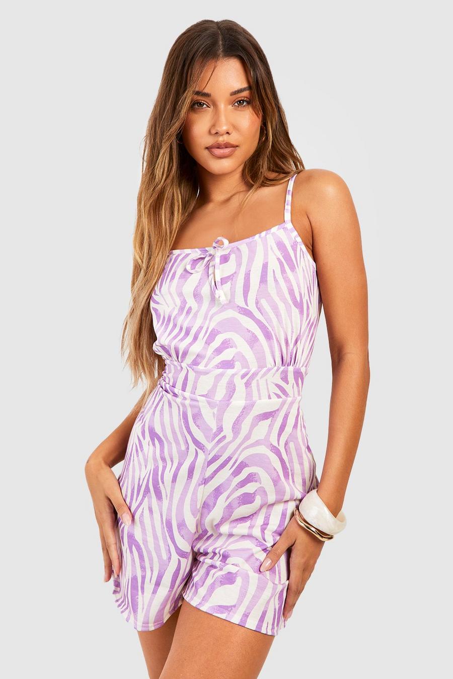Lilac Zebramönstrad strandplaysuit med smala axelband