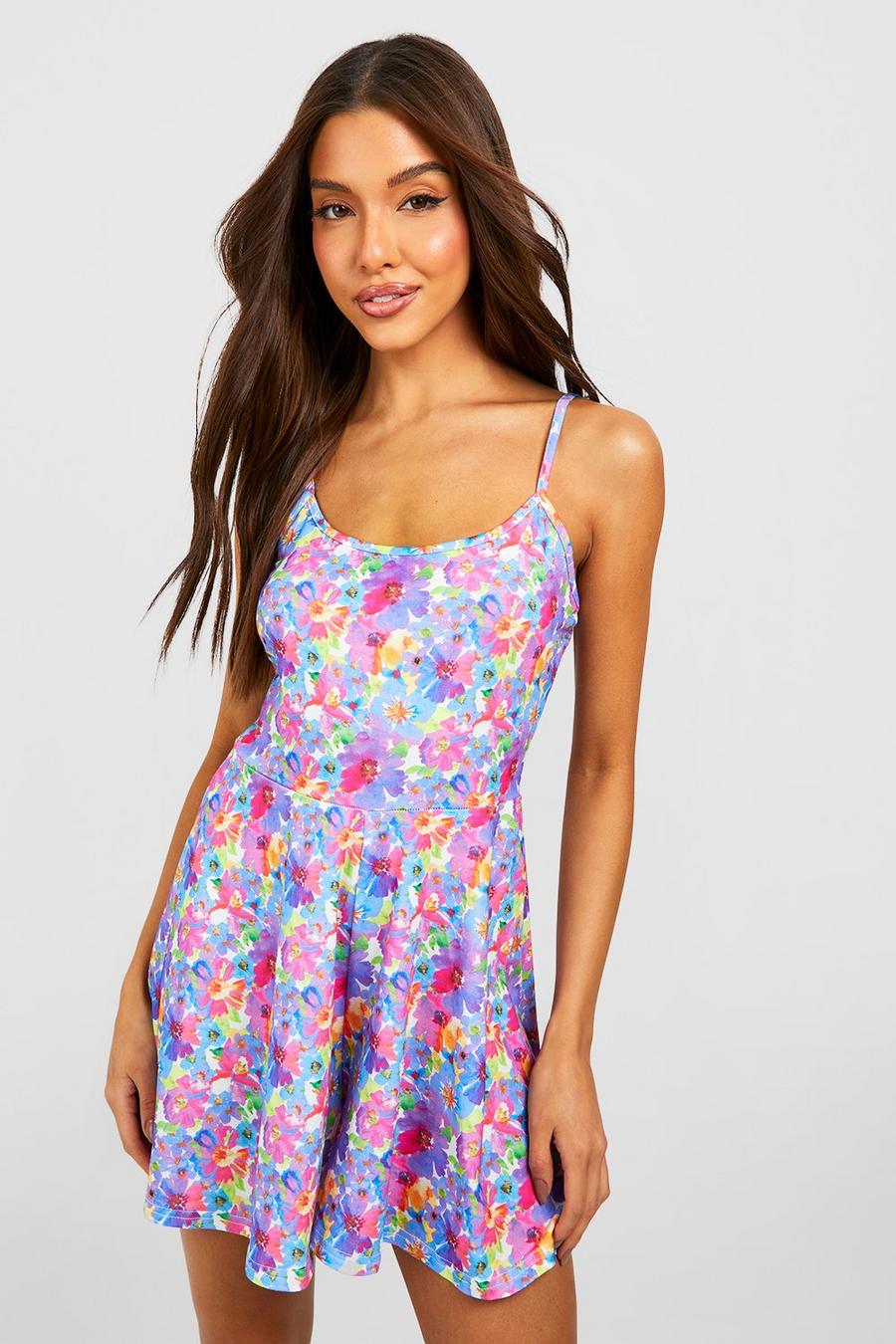 Blue Strappy Floral Swing Romper