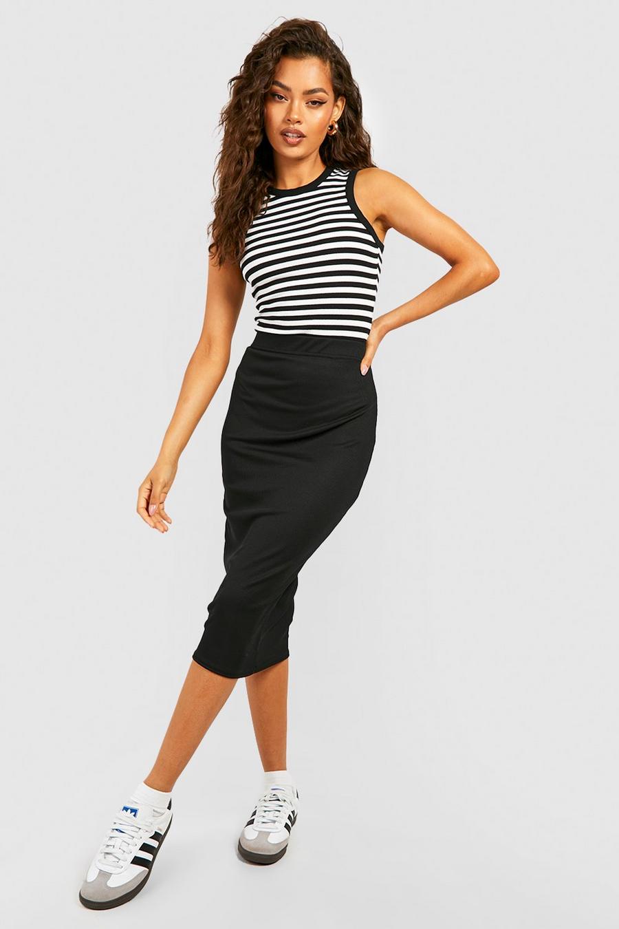 Black Geribbelde Bodycon Midi Rok