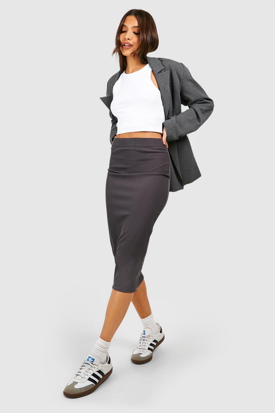Charcoal Bodycon Ribbed Midi Skirt