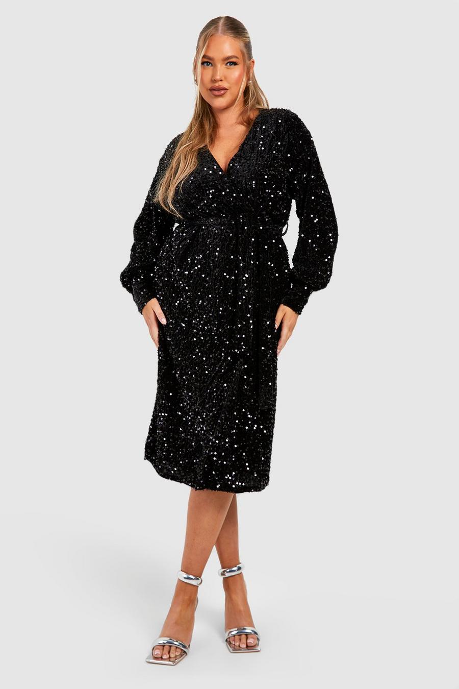 Black Plus Velvet Sequin Wrap Midi Dress
