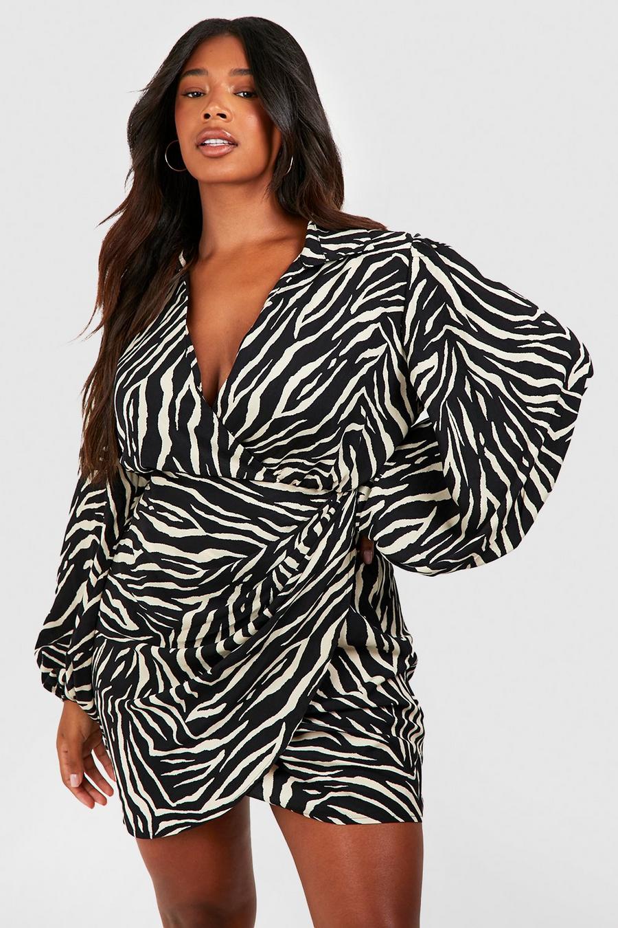 Black Plus Zebra Print Blouson Sleeve Wrap Dress image number 1
