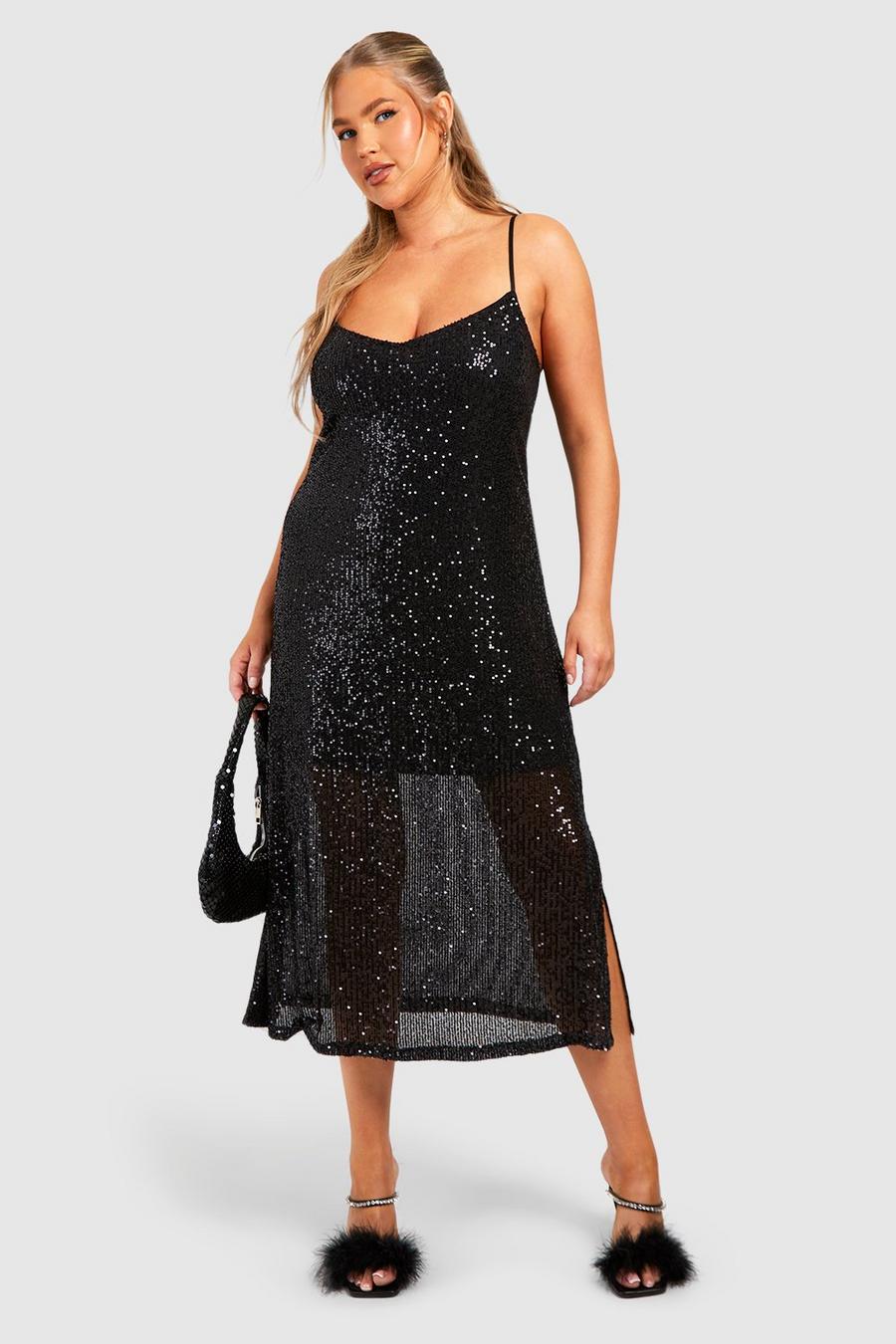 Black Plus Sequin Split Midaxi Dress