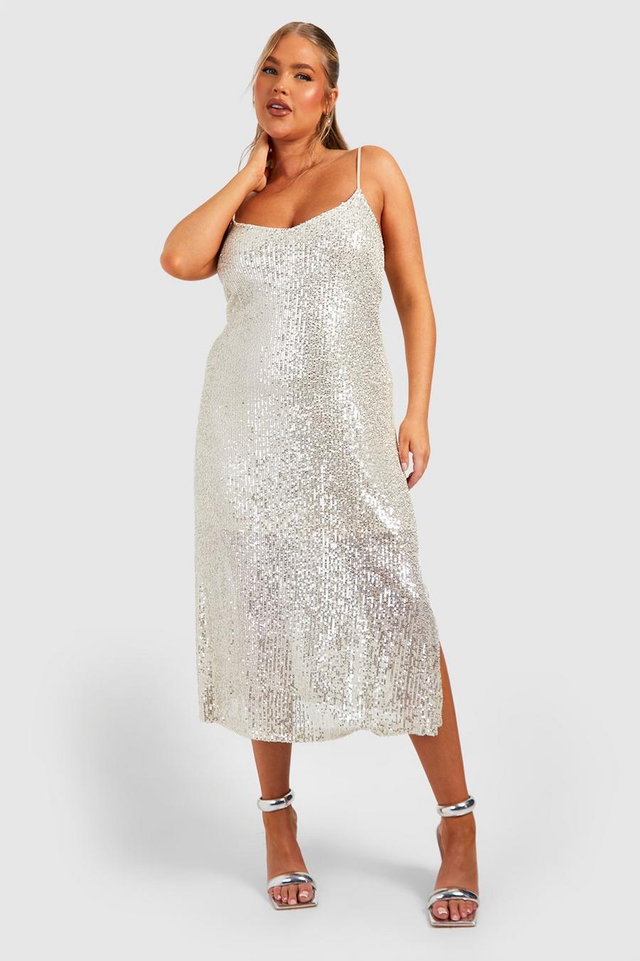 Champagne Plus Sequin Split Midi Dress