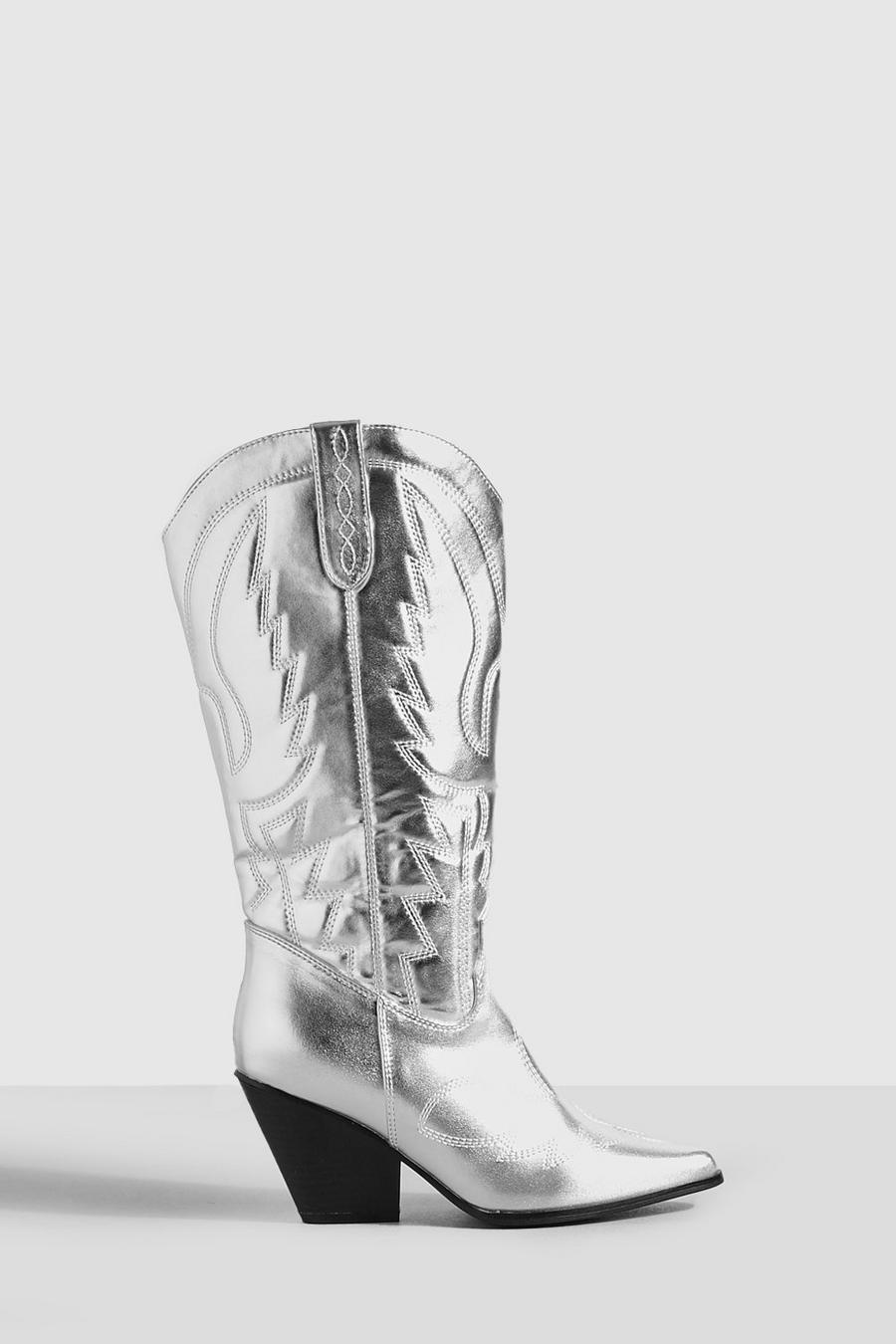 Stivali da cowboy Western a calzata ampia metallizzati al ginocchio, Silver