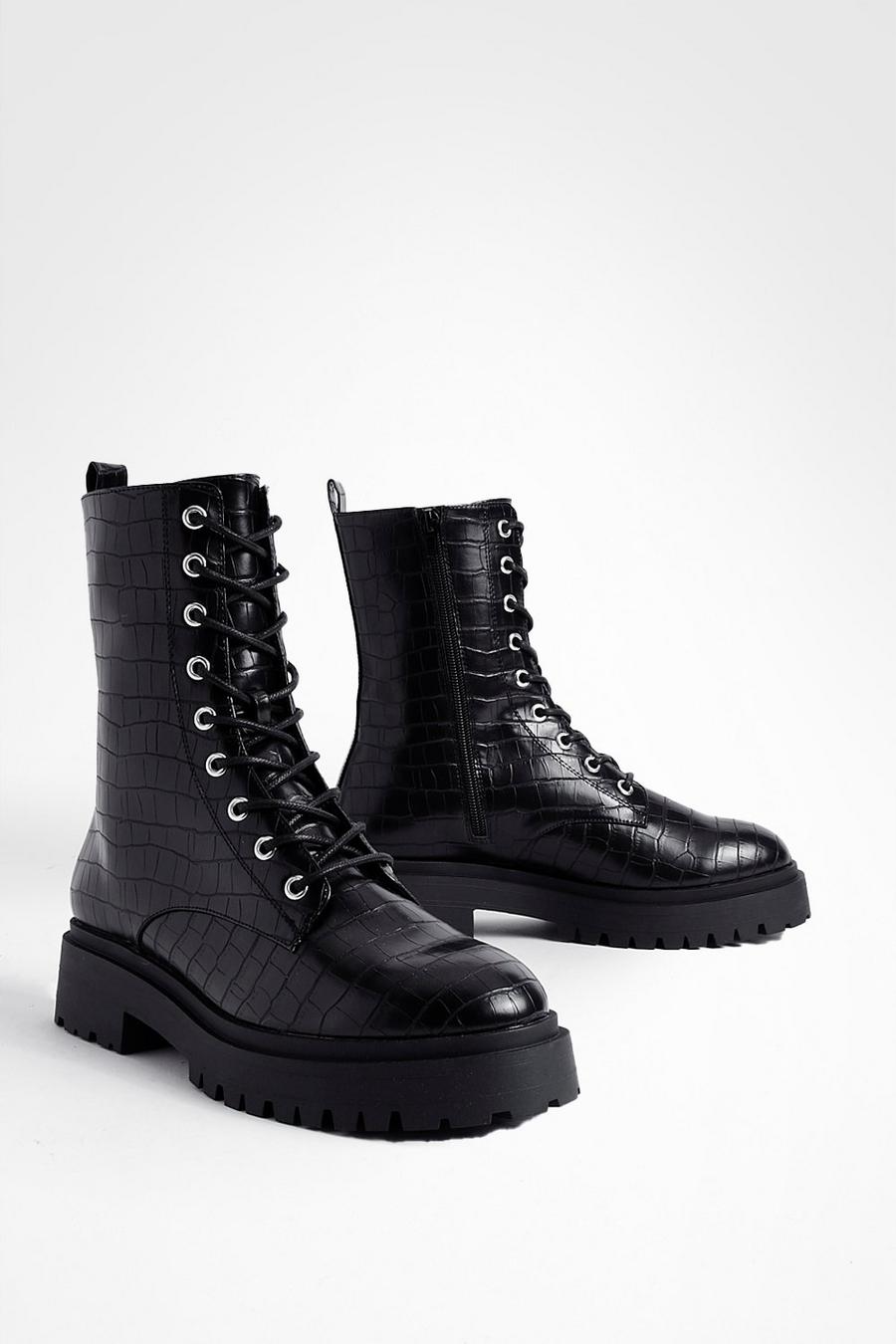 Black Wide Width High Ankle Croc Chunky Lace Up Boots