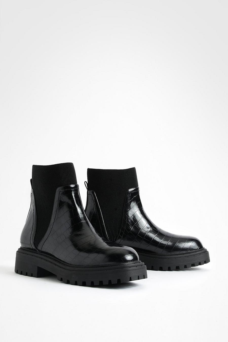 Black Wide Fit V Detail Croc Chelsea Boots