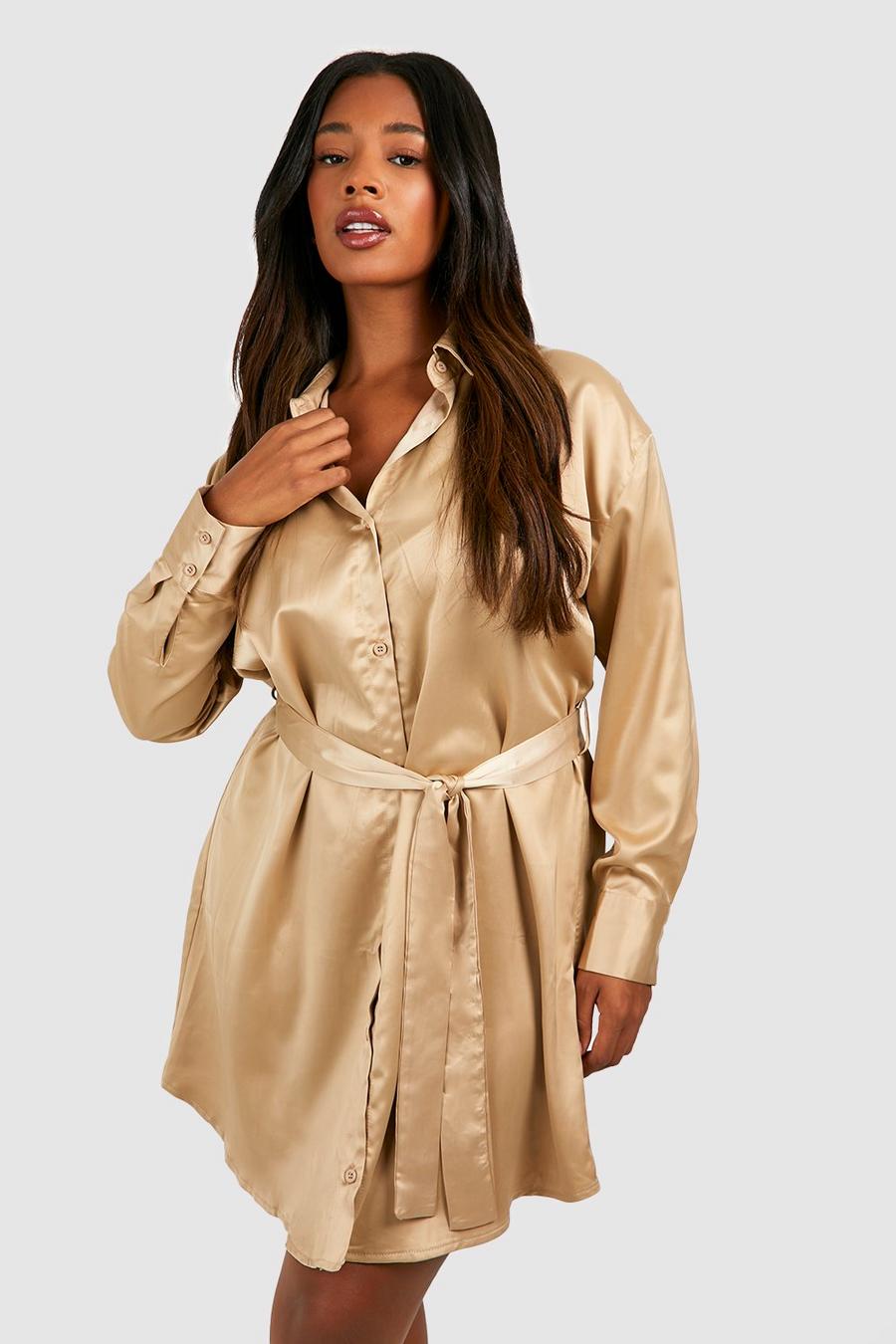 Champagne Plus Belted Satin Shirt Dress