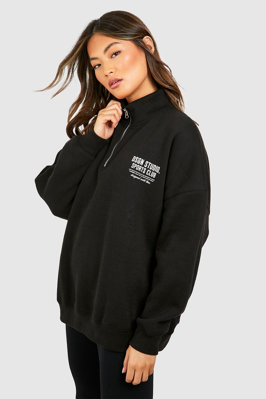 Oversize Sweatshirt mit Sports Club Slogan und halbem Reißverschluss, Black