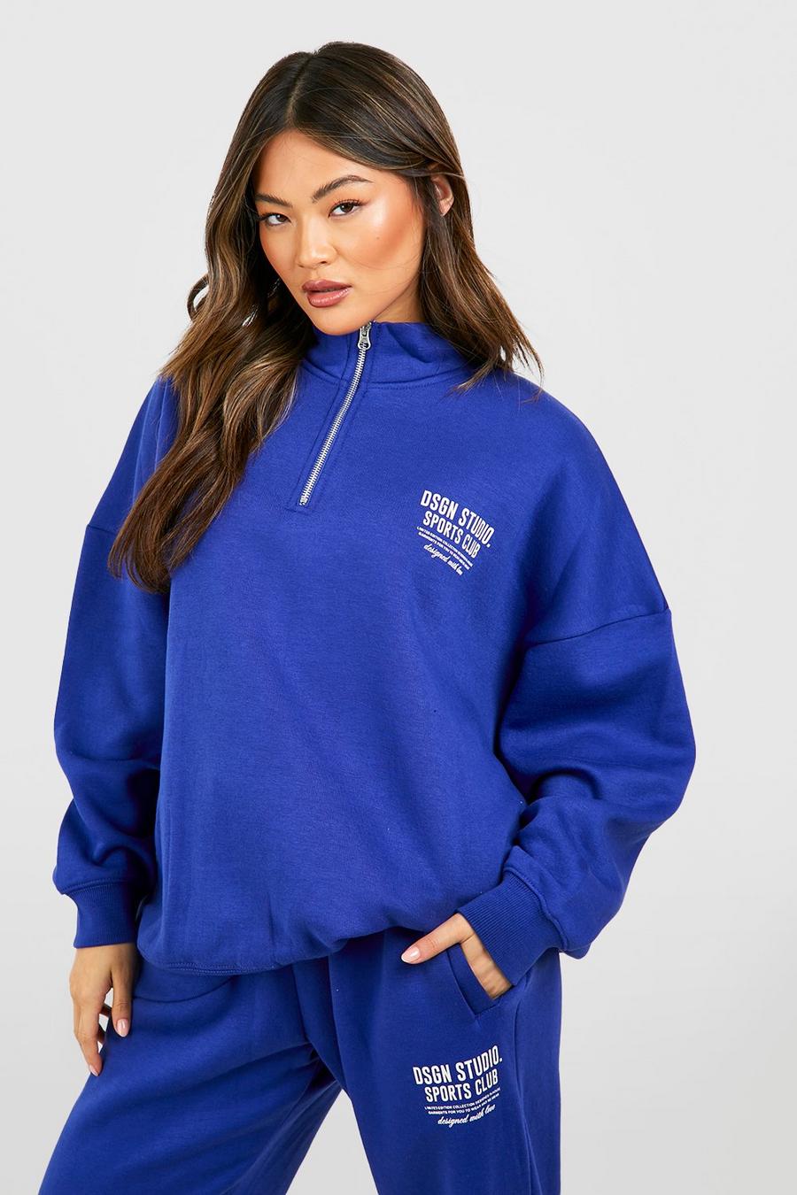 Cobalt Sports Club Slogan Oversized Half Zip Sweatshirt