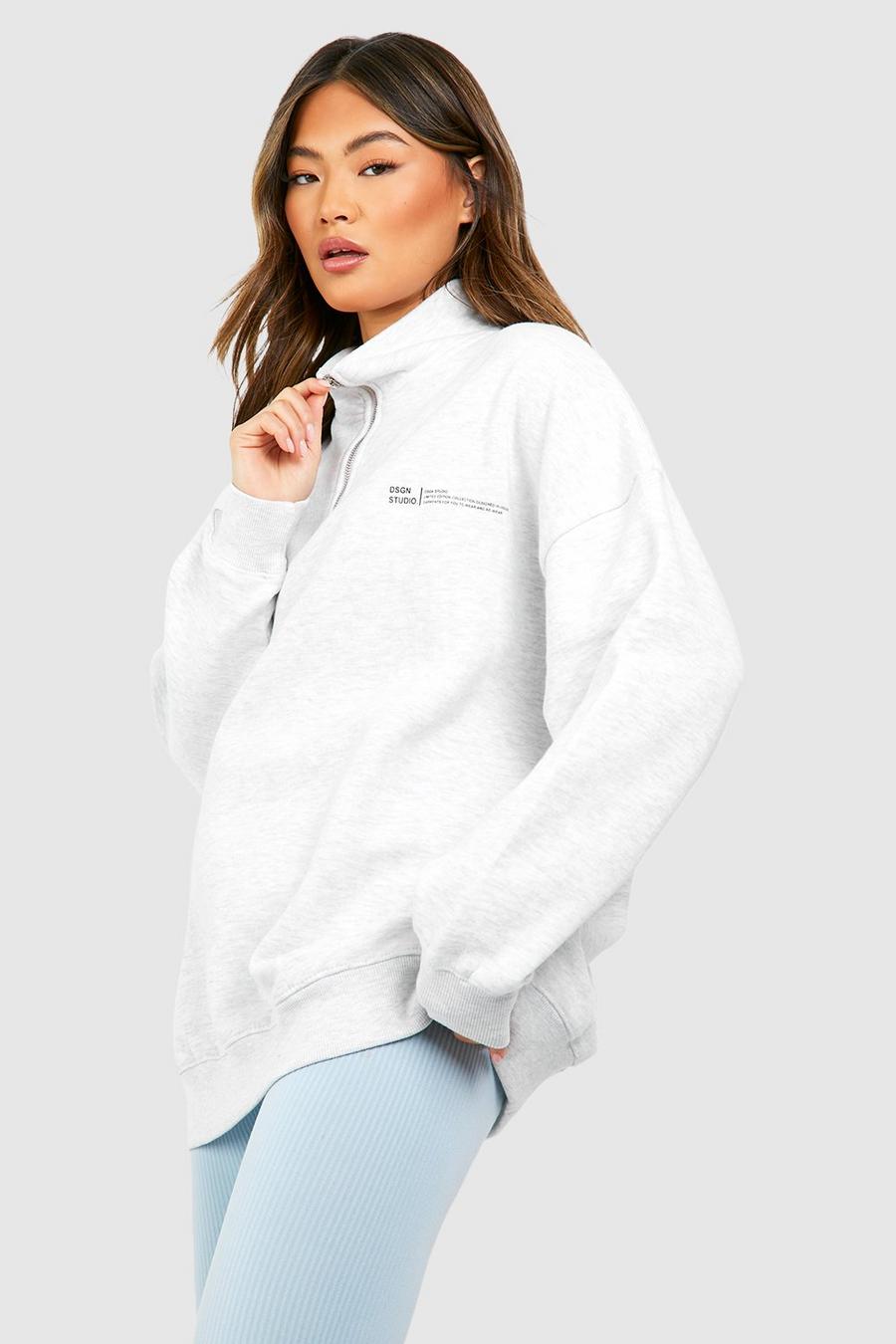 Oversize Sweatshirt mit halbem Reißverschluss und Text-Slogan, Ash grey