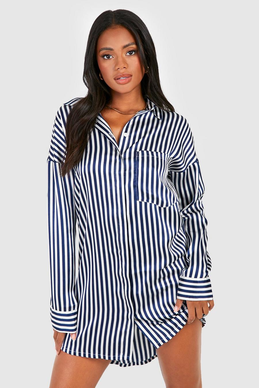 Navy Oversized Striped Satin Shirt Dresses image number 1