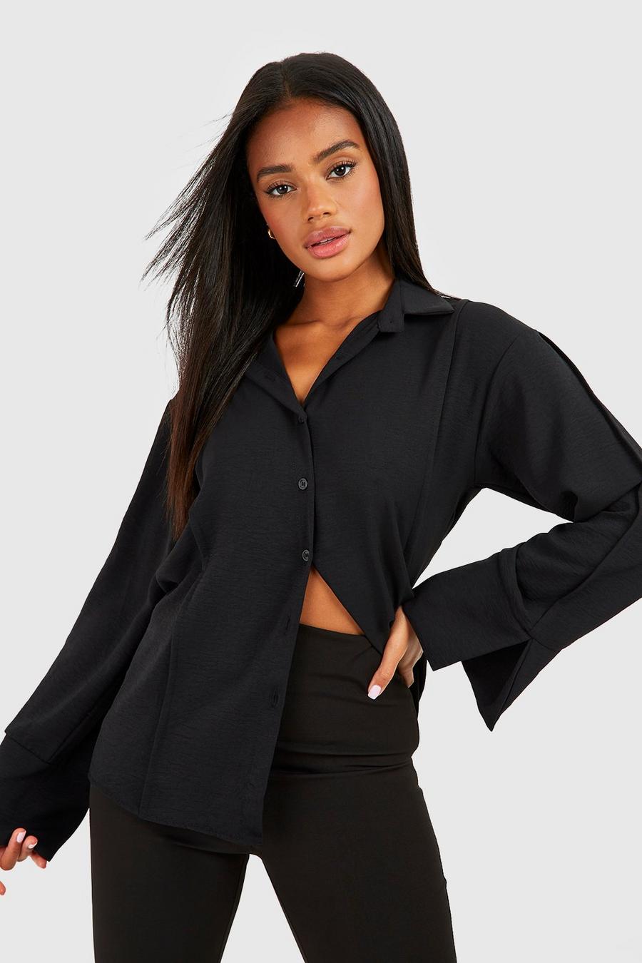Black Hammered Split Cuff Relaxed Fit Shirt