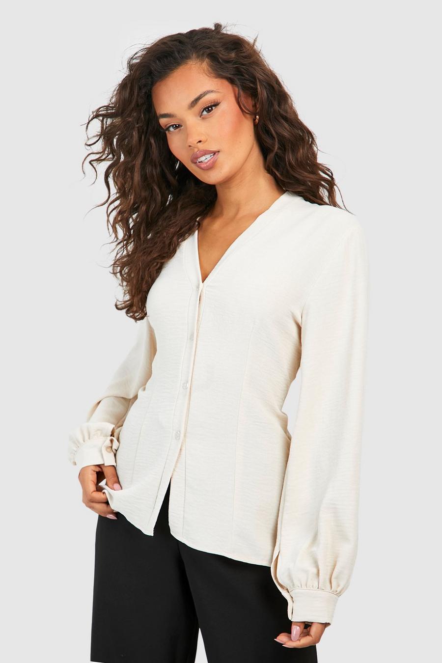 Cream Hammered Puff Sleeve Fitted Blouse