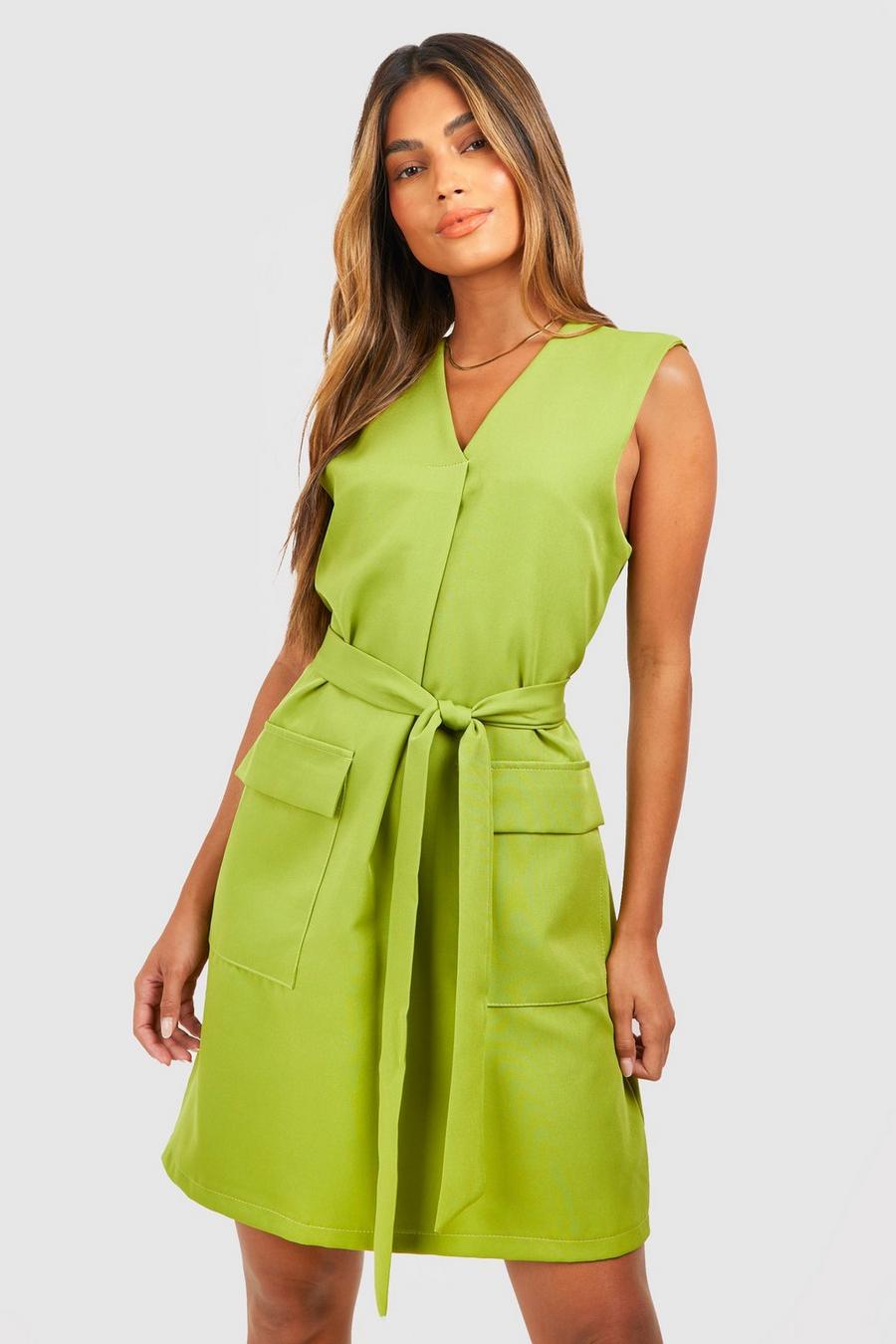 Olive Pocket Detail Belted Tailored Dress