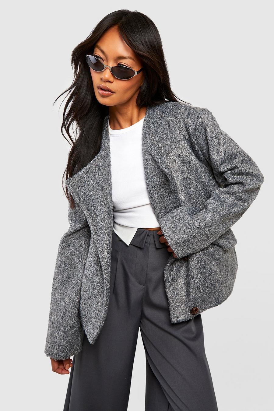 Grey Collarless Asymmetric Textured Jacket