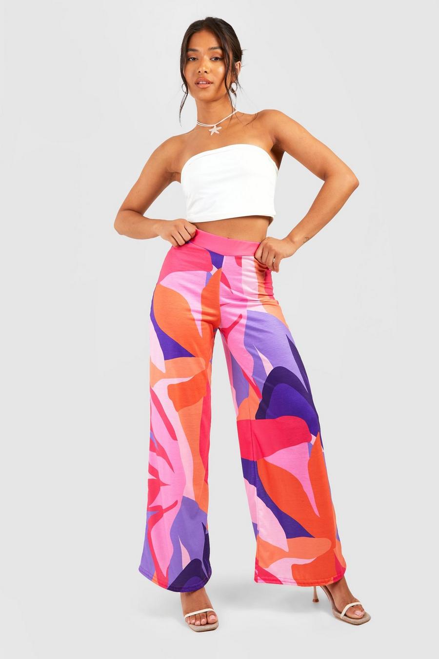 Purple Petite Wide Leg Broek Met Abstracte Print